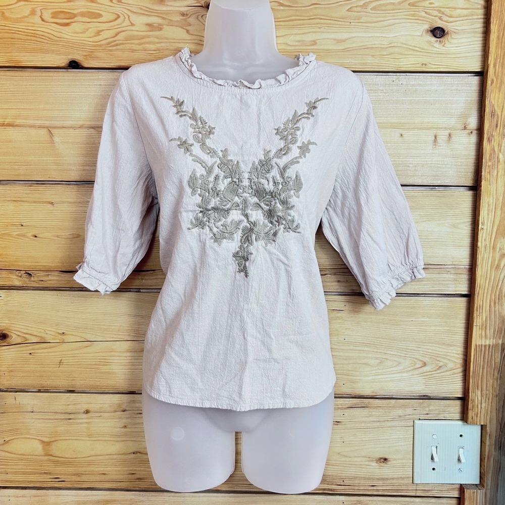 Beige Cotton Embroidered Peasant Blouse XL Floral Ruffle Puff Sleeve Cottagecore